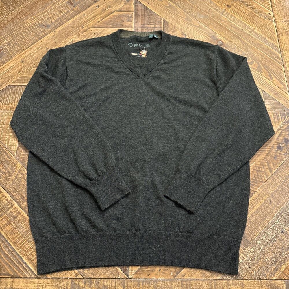 Orvis Men’s Large Merino Wool V-Neck Sweater Fly Fishing Logo Pullover